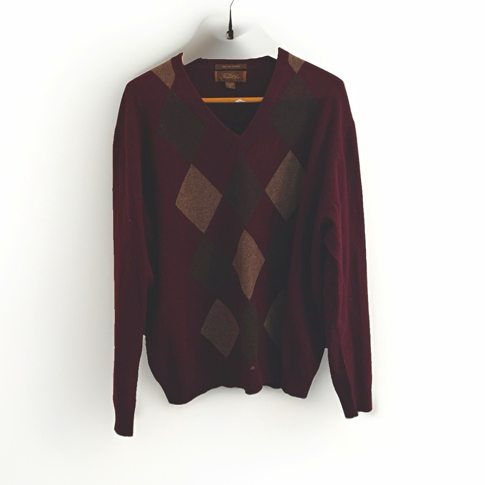 Tasso Elba Men's XL 100% Cashmere Knit Argyle V-Neck Pullover Sweater Burgundy
